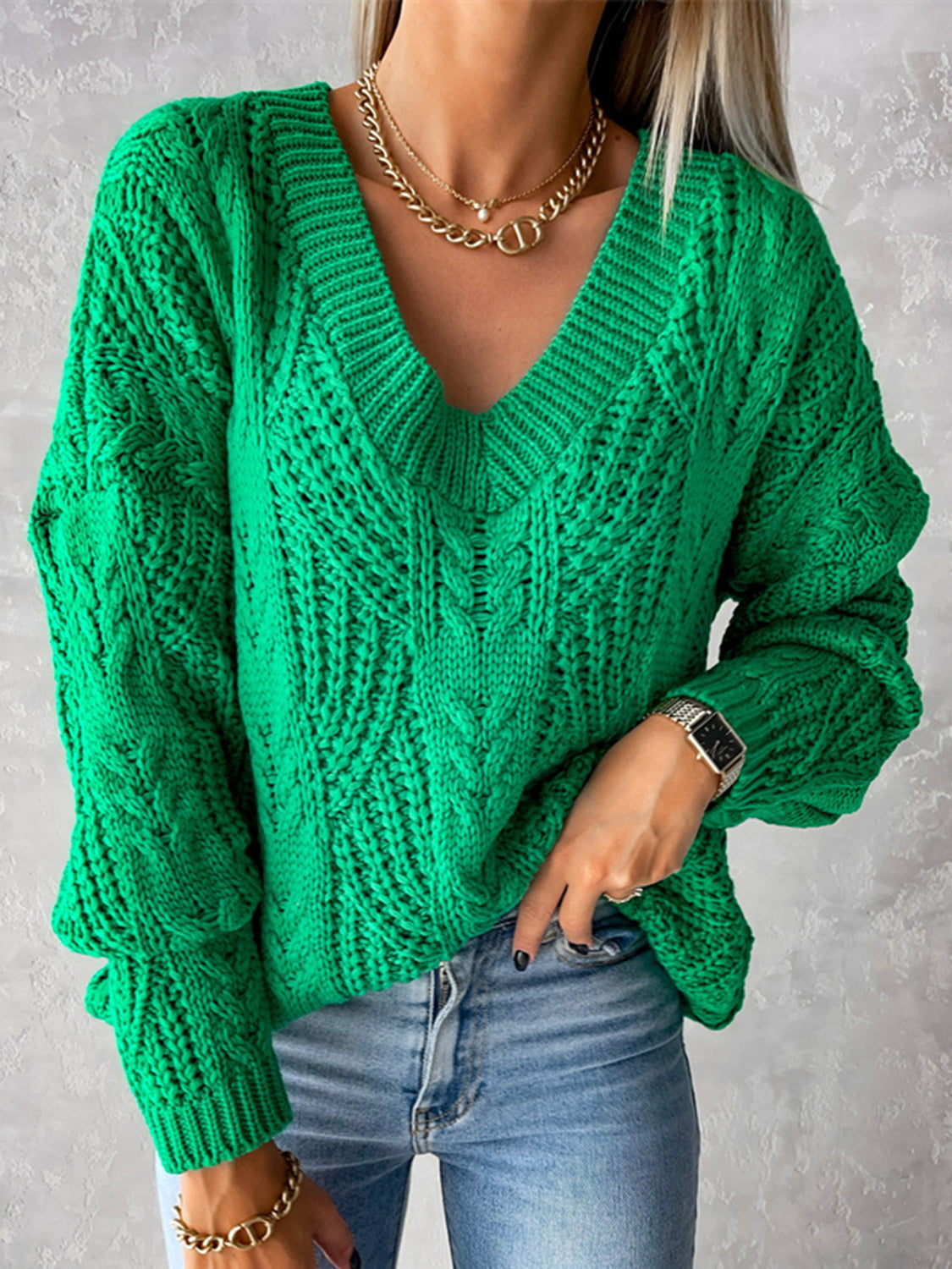 V-Neck Cable-Knit Long Sleeve Sweater - The Boutie Shop