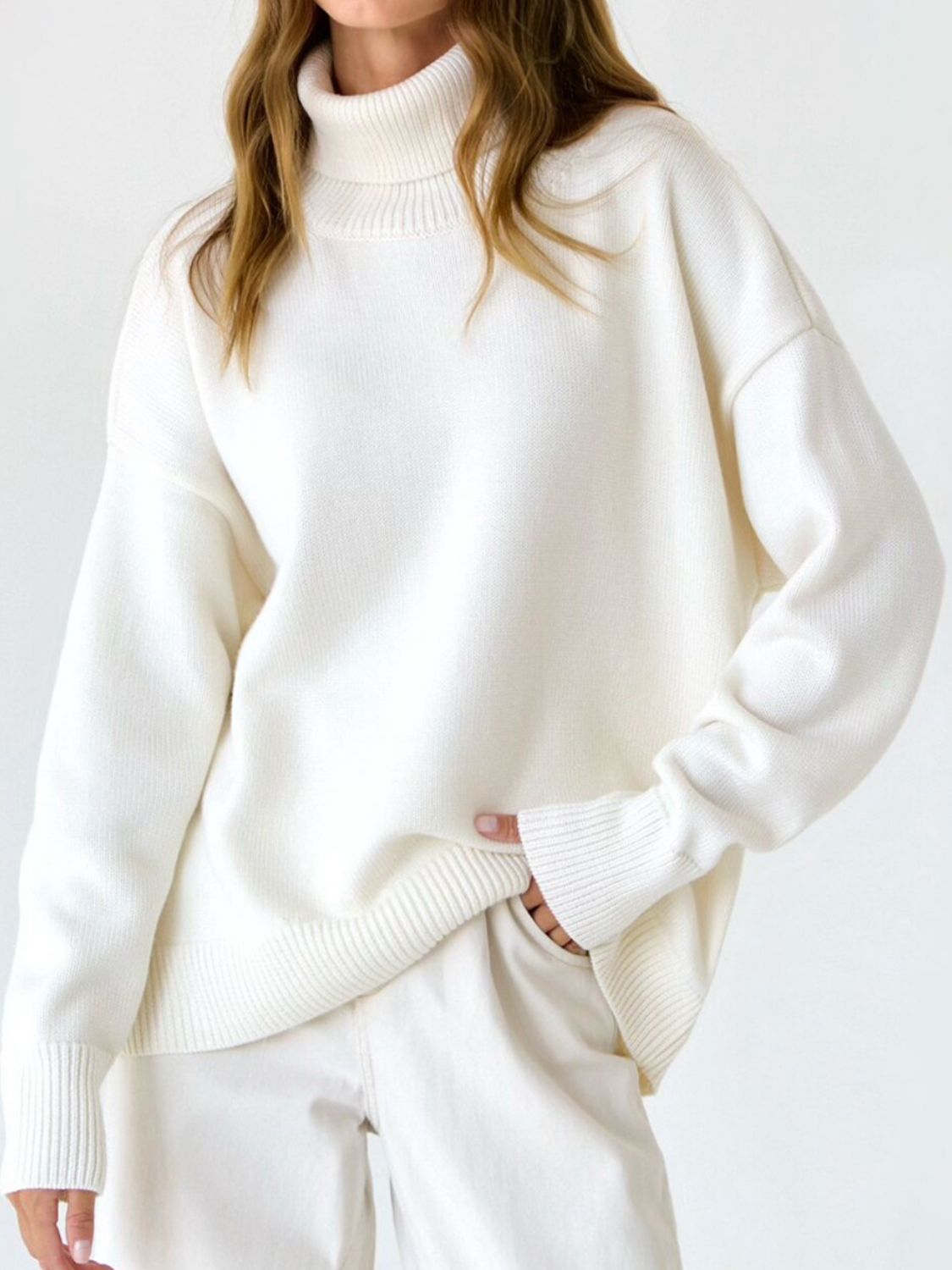 Turtle Neck Dropped Shoulder Sweater - The Boutie Shop