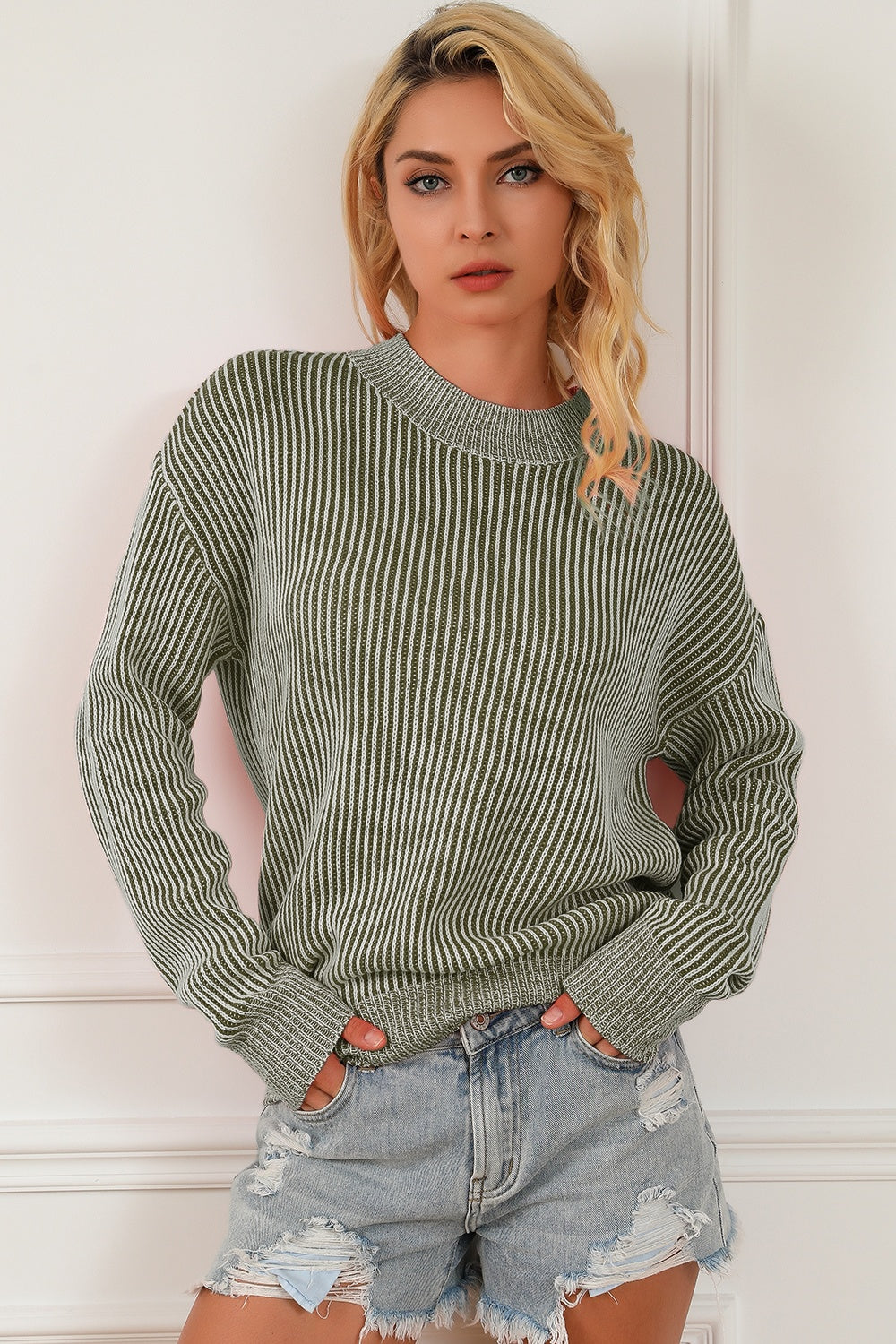Striped Mock Neck Dropped Shoulder Sweater - The Boutie Shop