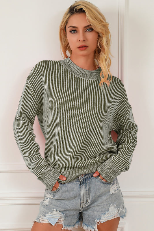 Striped Mock Neck Dropped Shoulder Sweater - The Boutie Shop