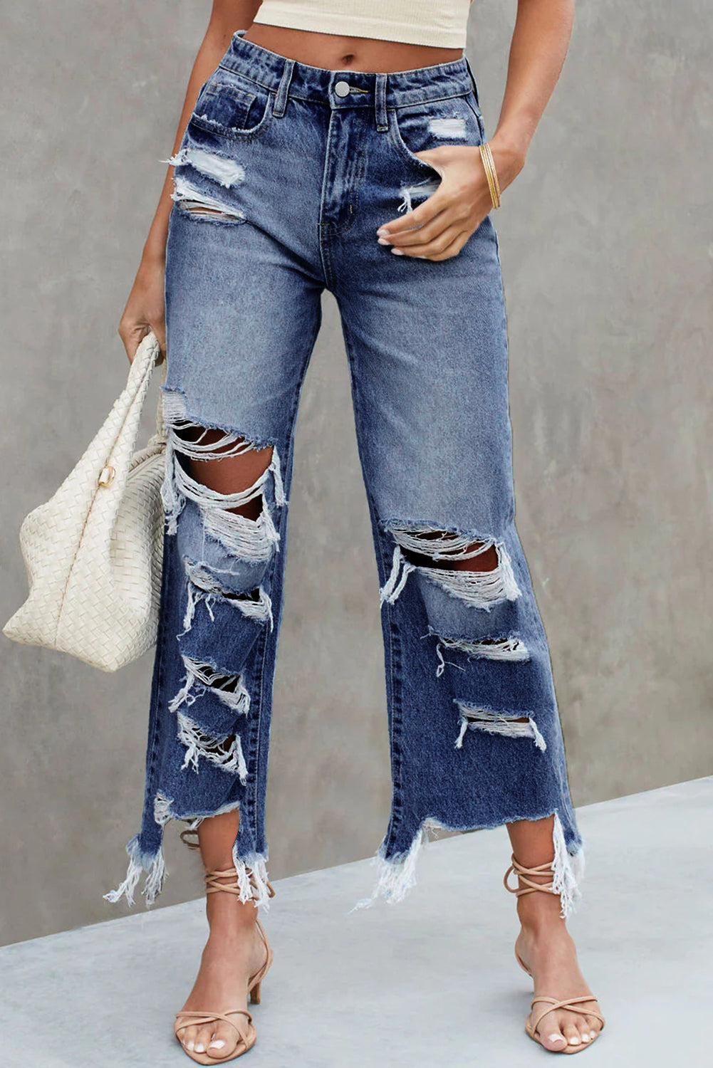 Distressed Raw Hem Jeans with Pockets - The Boutie Shop
