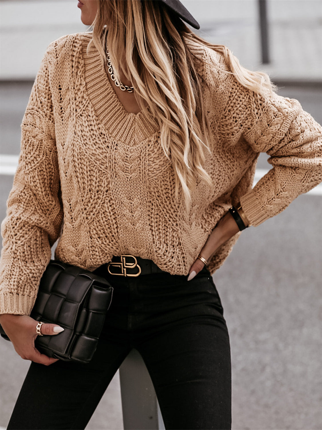 V-Neck Cable-Knit Long Sleeve Sweater - The Boutie Shop