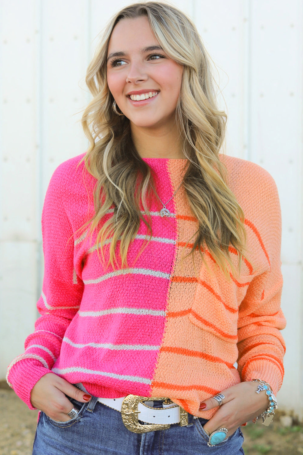 Striped Pocketed Dropper Shoulder Sweater - The Boutie Shop