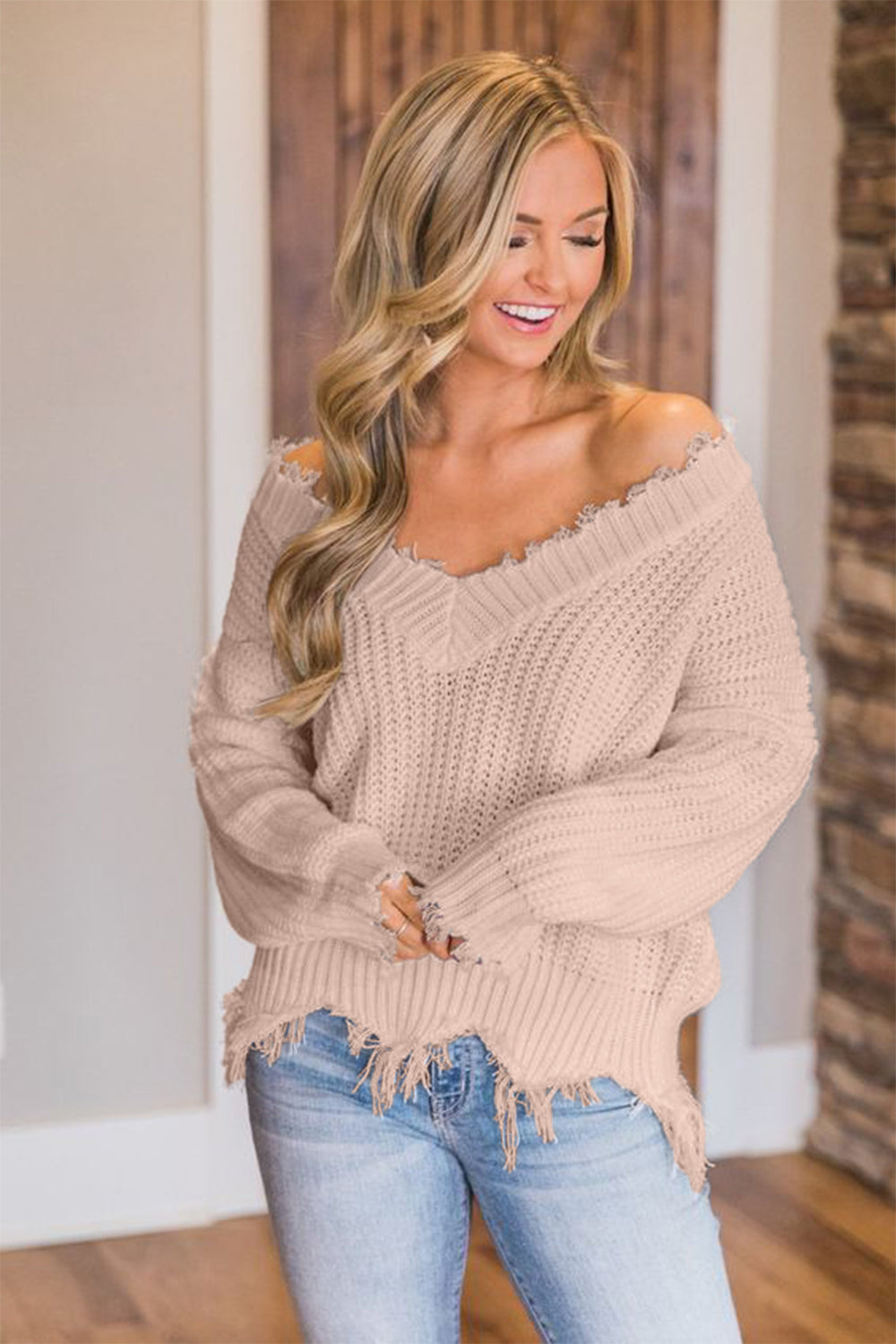 Frayed Hem Dropped Shoulder Sweater - The Boutie Shop