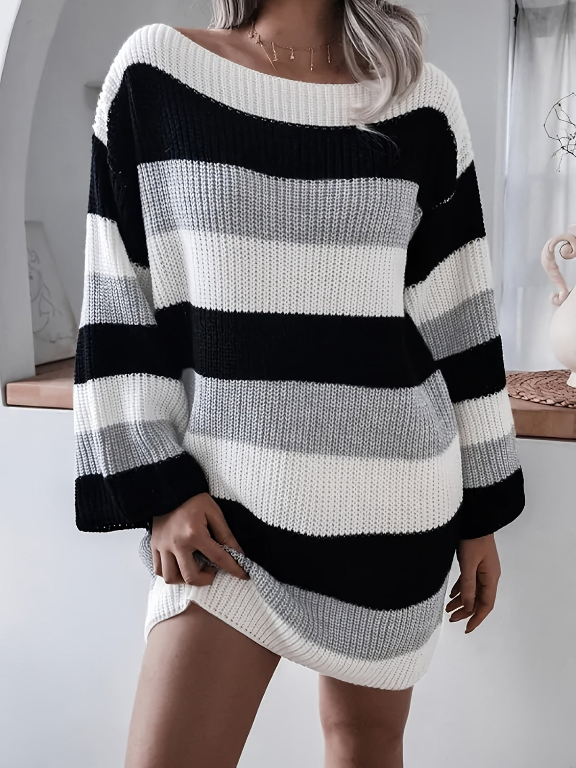 Striped Long Sleeve Mini Sweater Dress - The Boutie Shop