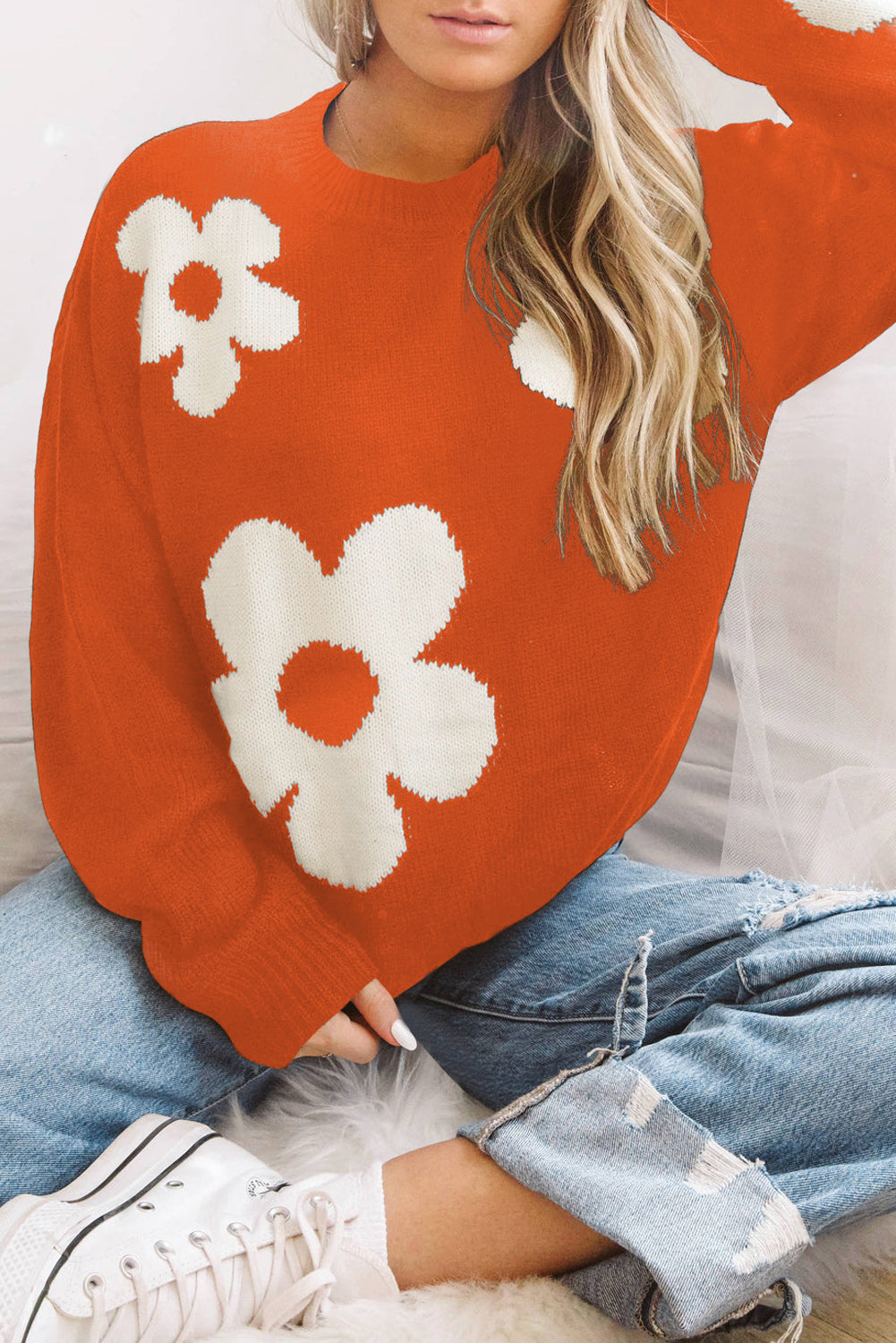 Round Neck Floral Pattern Color Contrast Design Long Sleeve Sweater - The Boutie Shop