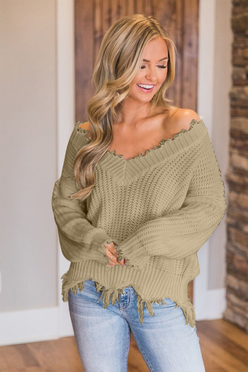 Frayed Hem Dropped Shoulder Sweater - The Boutie Shop