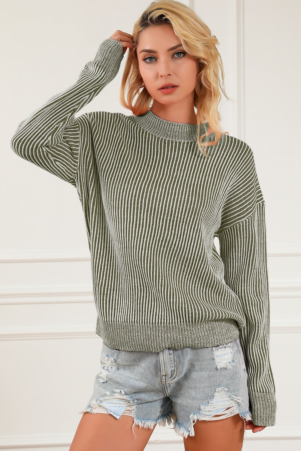 Striped Mock Neck Dropped Shoulder Sweater - The Boutie Shop