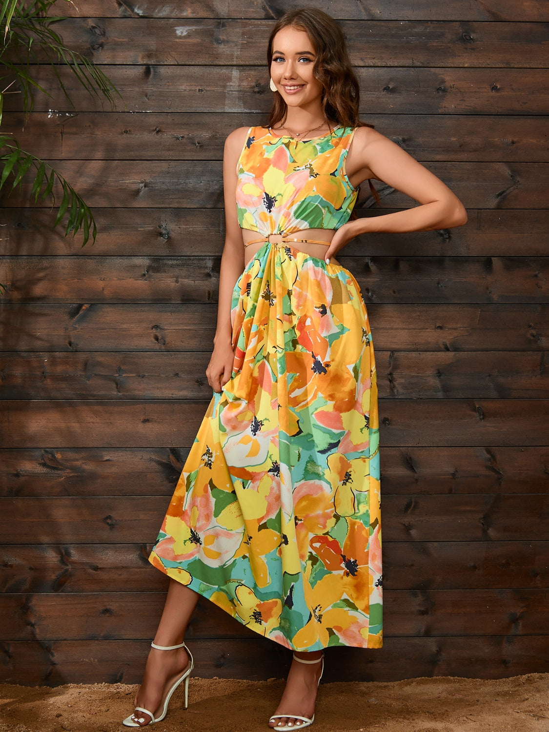 Cutout Floral Round Neck Sleeveless Dress - The Boutie Shop