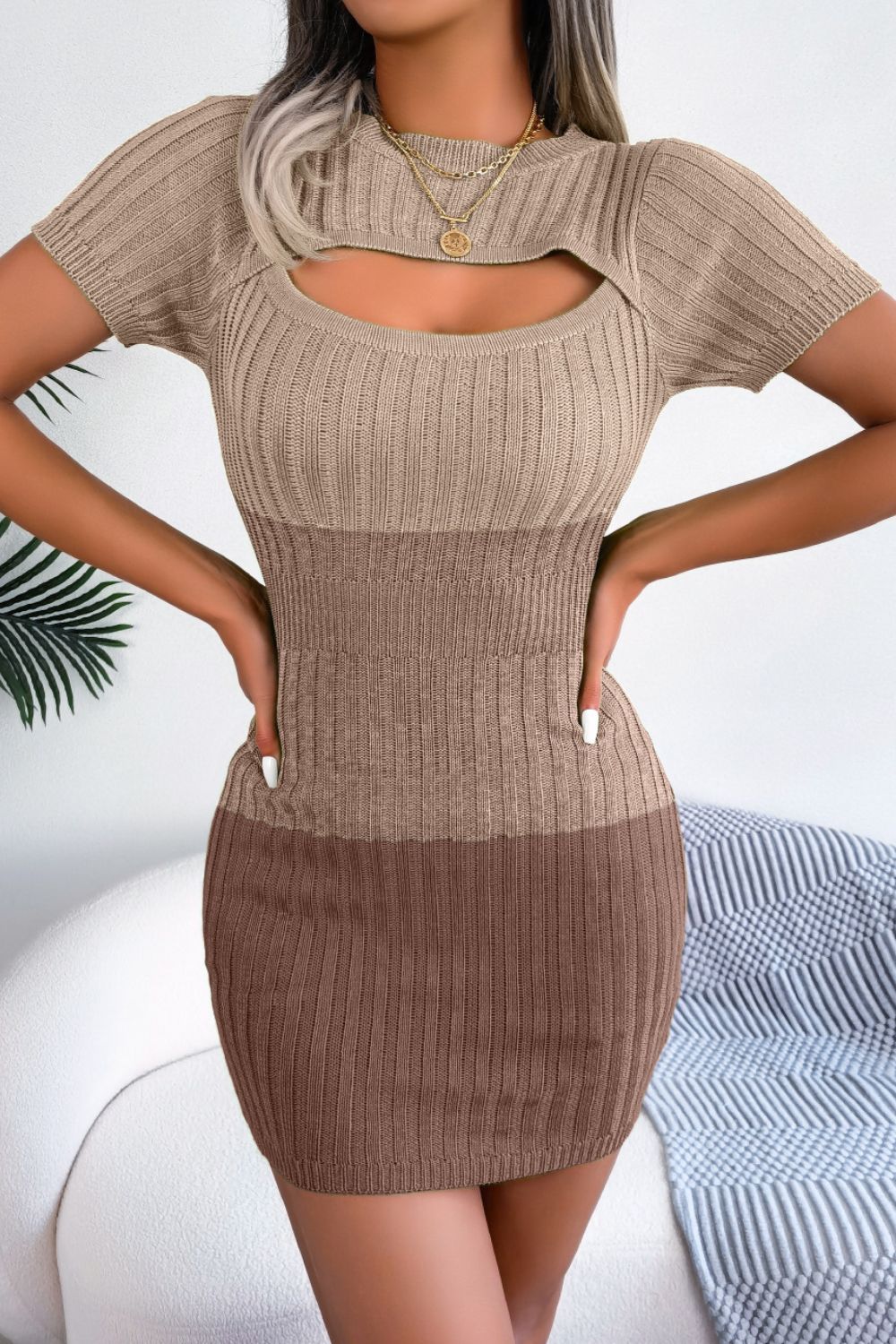 Color Block Cutout Short Sleeve Sweater Dress - The Boutie Shop
