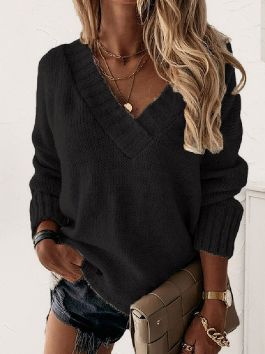 V-Neck Long Sleeve Knit Top - The Boutie Shop