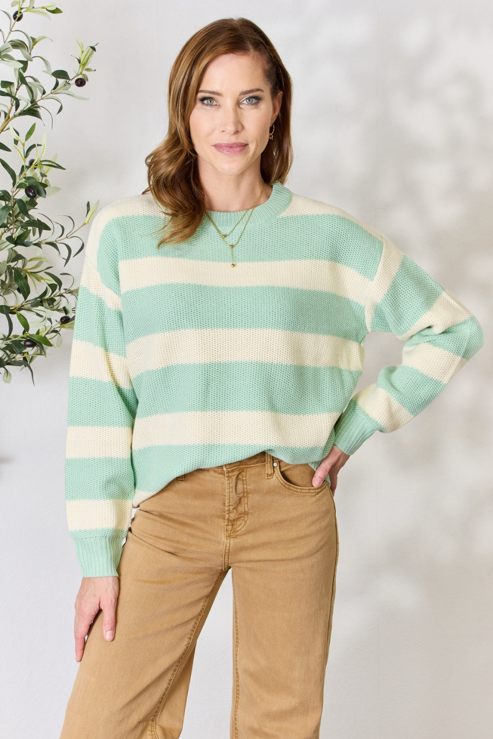 Sew In Love Full Size Contrast Striped Round Neck Sweater - The Boutie Shop