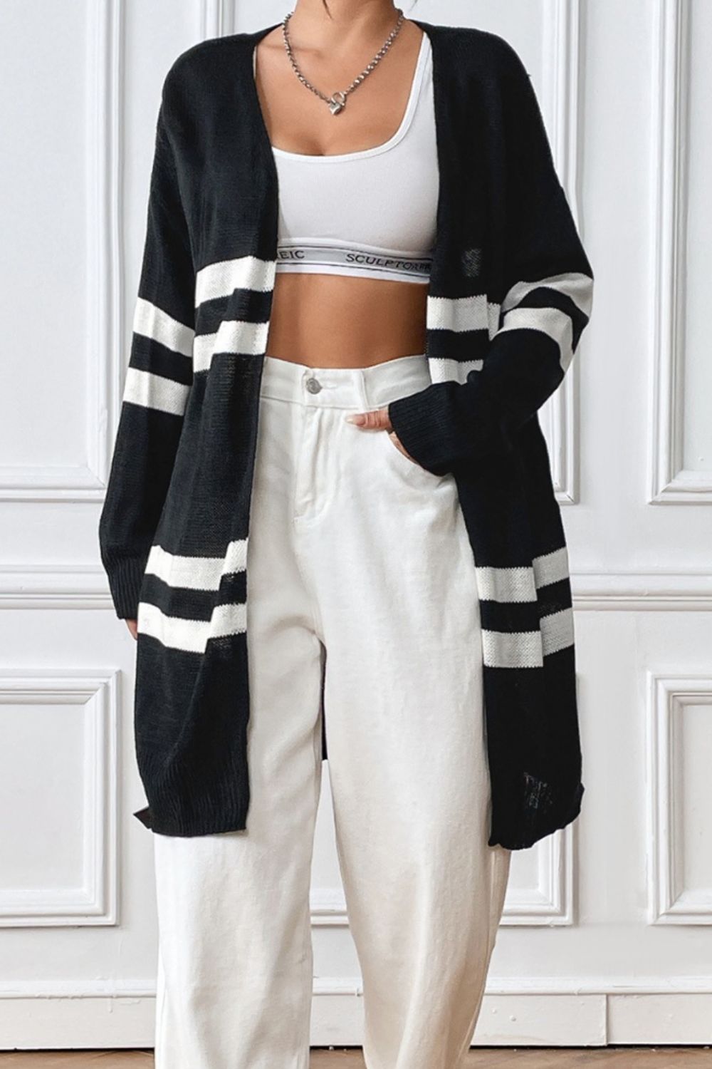 Striped Open Front Dropped Shoulder Cardigan - The Boutie Shop