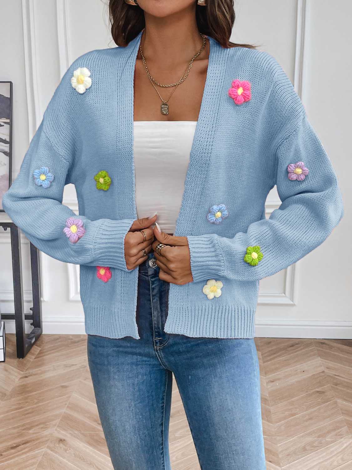 Floral Long Sleeve Open Front Cardigan - The Boutie Shop