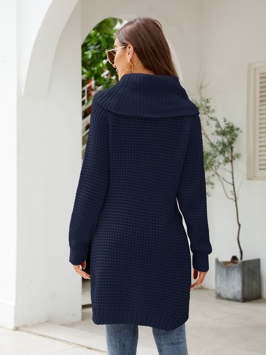 Turtleneck Waffle-Knit Slit Sweater Dress - The Boutie Shop