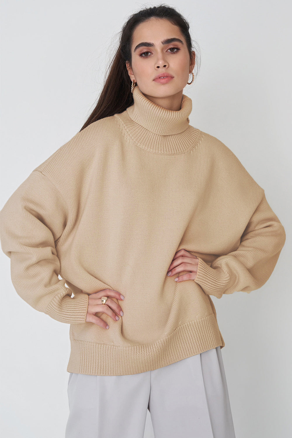 Turtle Neck Dropped Shoulder Sweater - The Boutie Shop