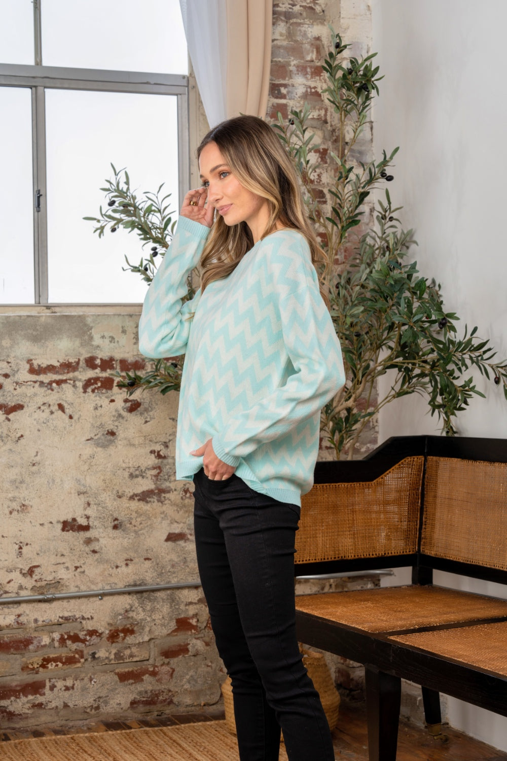 Sew In Love Full Size Wave Stripe Contrast Long Sleeve Sweater - The Boutie Shop
