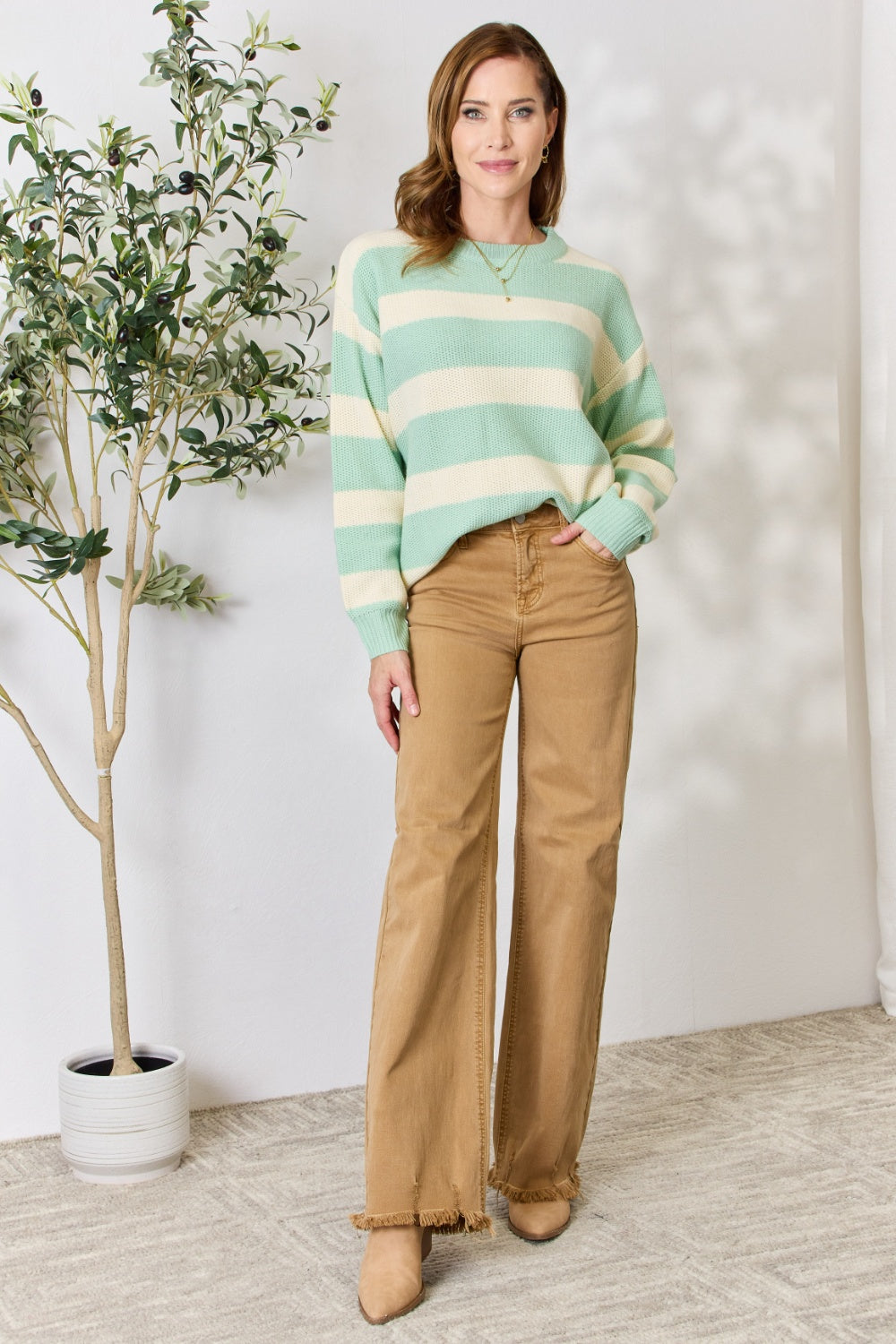 Sew In Love Full Size Contrast Striped Round Neck Sweater - The Boutie Shop