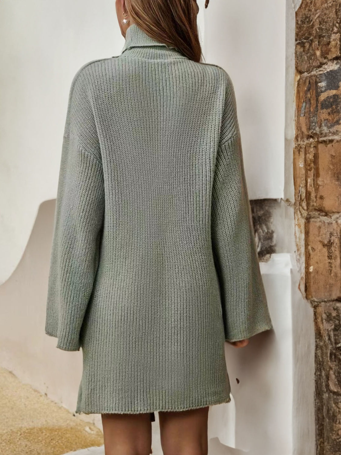 Turtleneck Dropped Shoulder Sweater Dress - The Boutie Shop