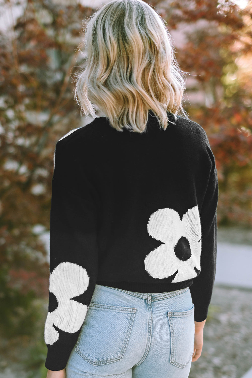 Round Neck Floral Pattern Color Contrast Design Long Sleeve Sweater - The Boutie Shop