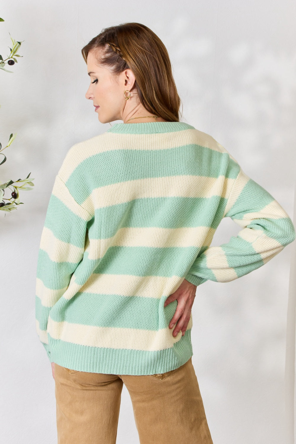 Sew In Love Full Size Contrast Striped Round Neck Sweater - The Boutie Shop