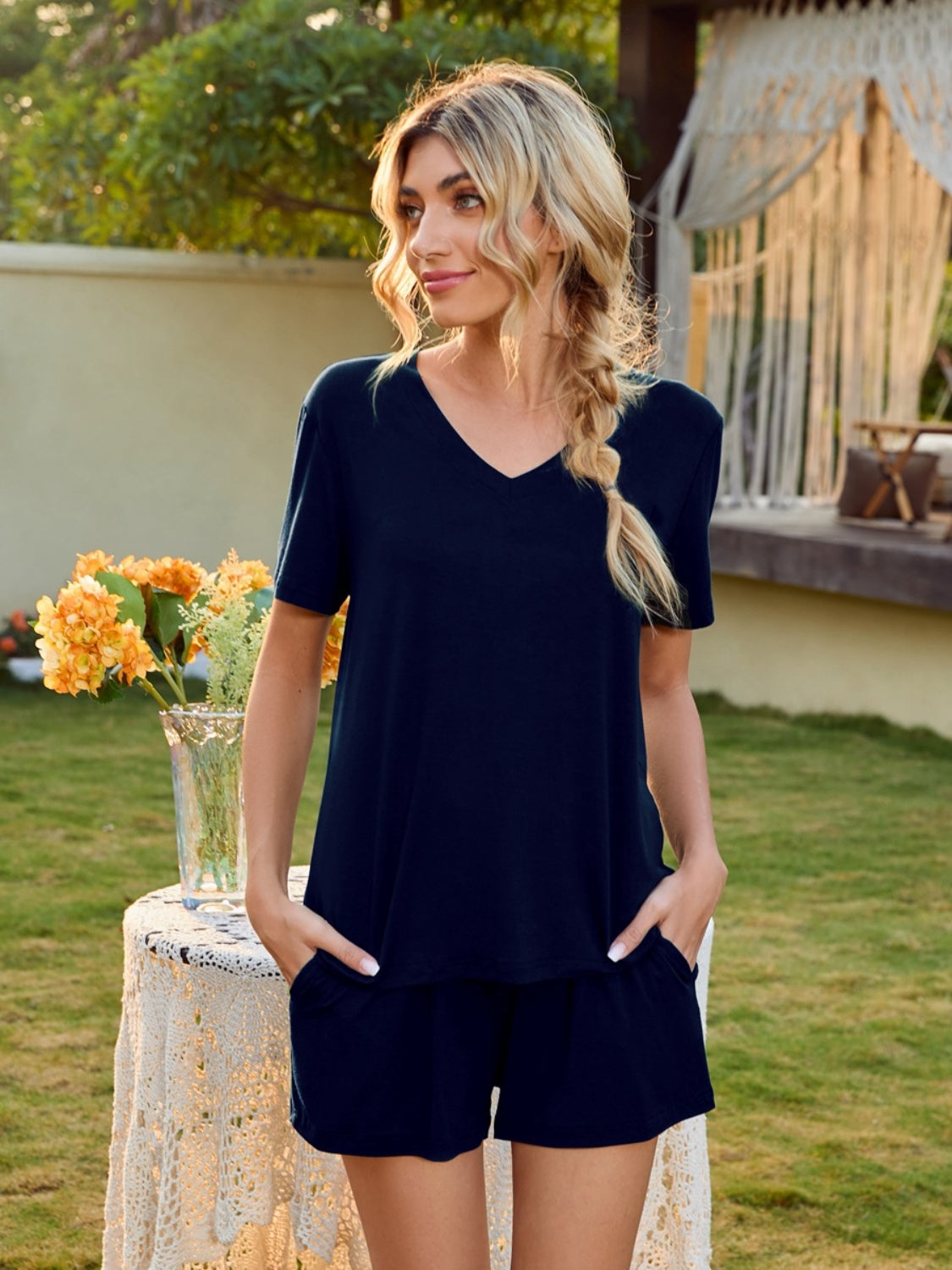 V-Neck Short Sleeve Top and Pocketed Shorts Lounge Set - The Boutie Shop