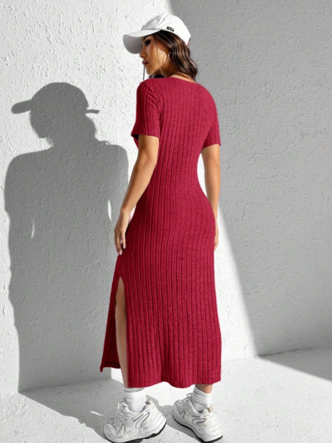 Slit Round Neck Short Sleeve Sweater Dress - The Boutie Shop