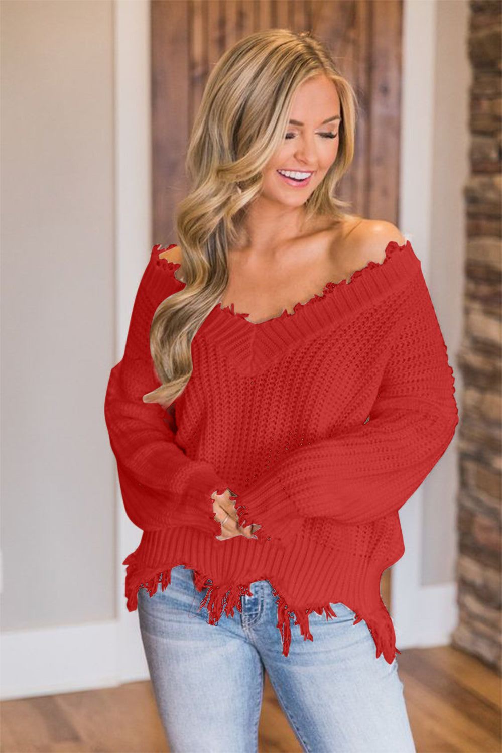 Frayed Hem Dropped Shoulder Sweater - The Boutie Shop