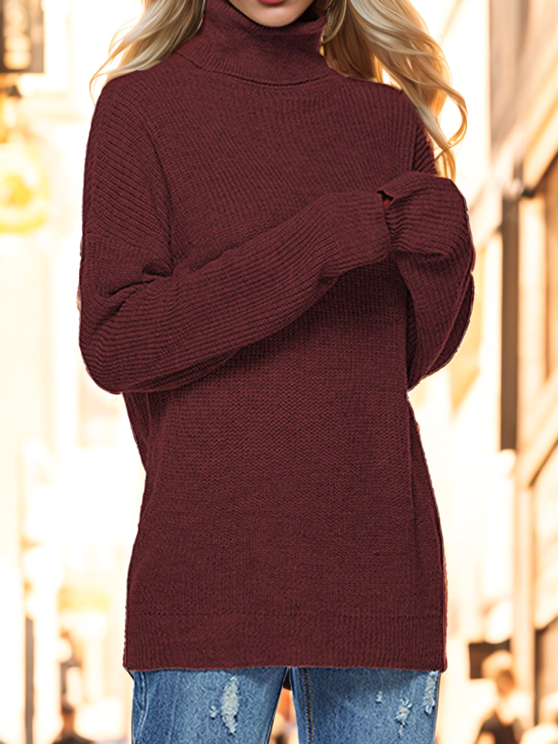 Turtleneck Drop Shoulder Long Sleeve Sweater - The Boutie Shop