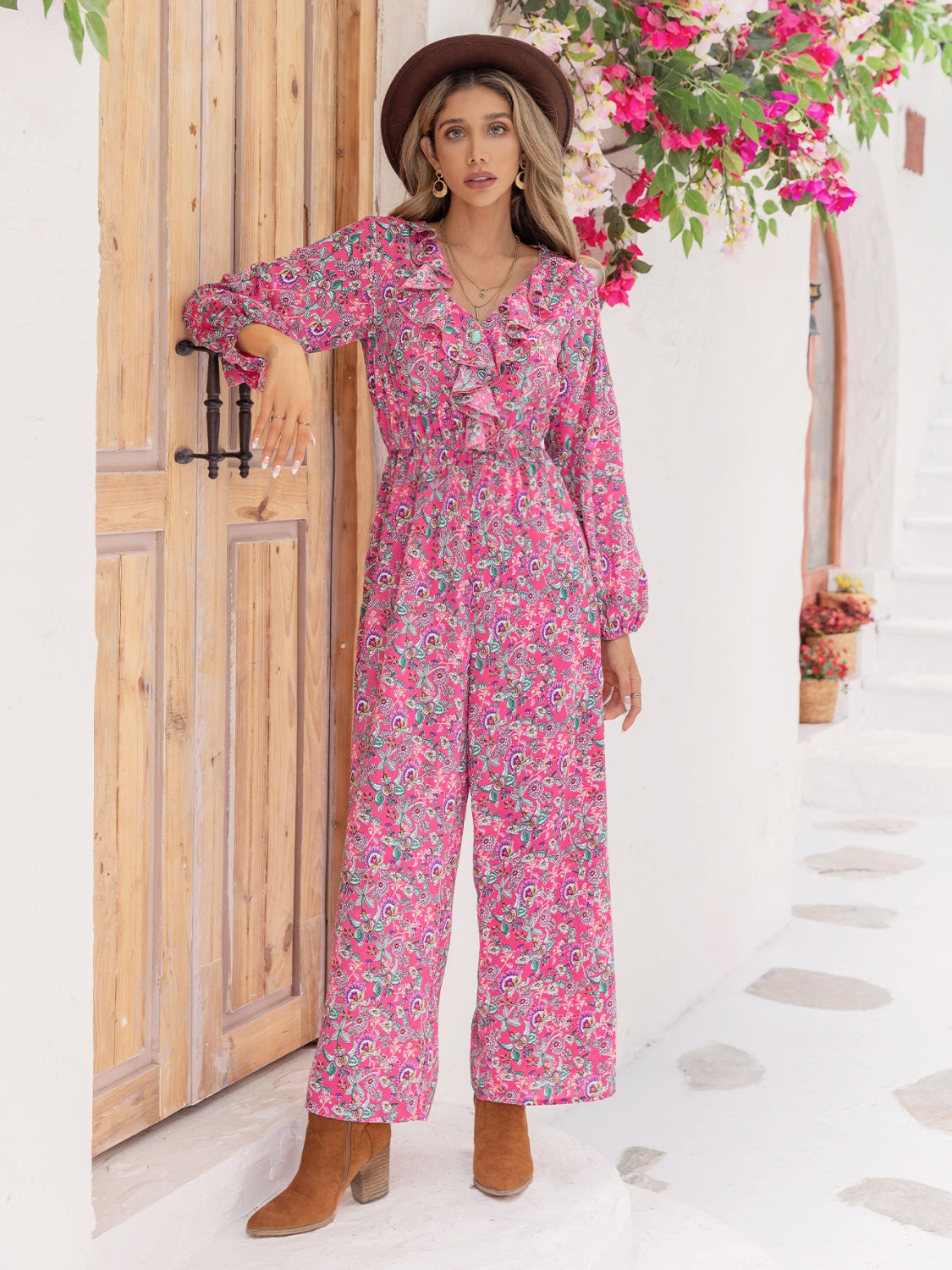Printed Ruffled V-Neck Balloon Sleeve Jumpsuit - The Boutie Shop