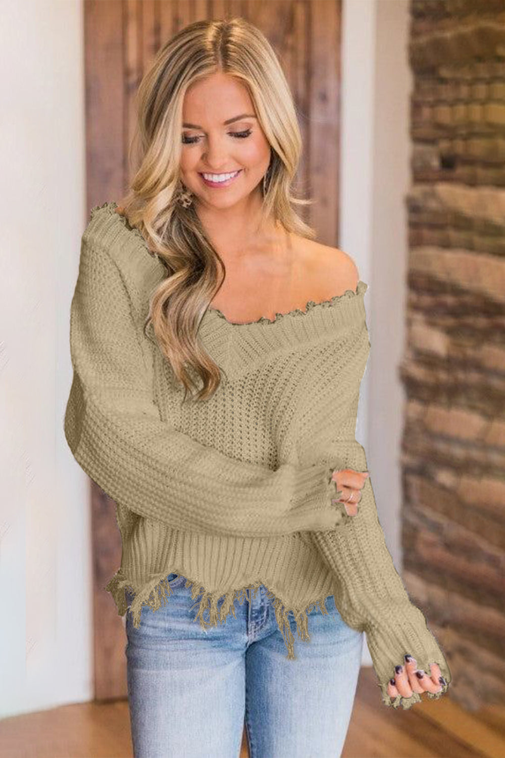 Frayed Hem Dropped Shoulder Sweater - The Boutie Shop