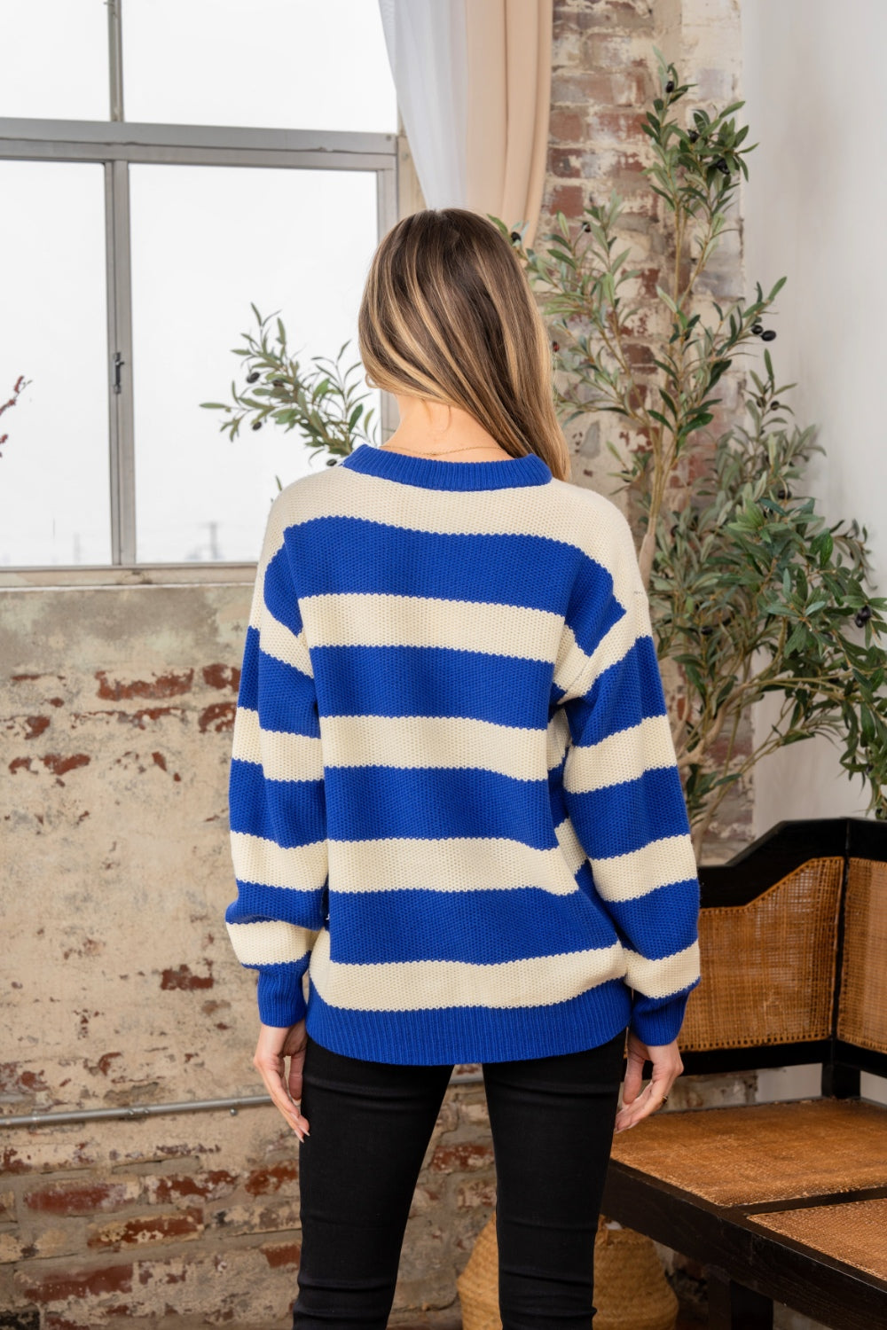Sew In Love Full Size Contrast Striped Round Neck Sweater - The Boutie Shop