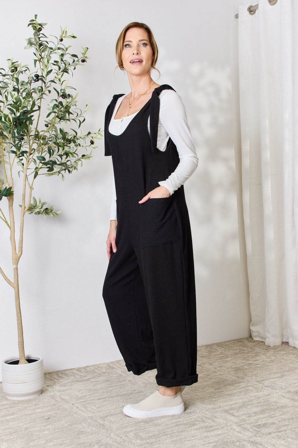 Celeste Full Size Ribbed Tie Shoulder Sleeveless Ankle Overalls - The Boutie Shop
