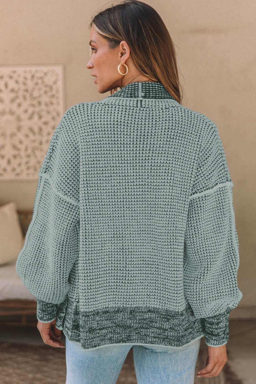 Waffle-knit Pocketed Open Front Cardigan - The Boutie Shop