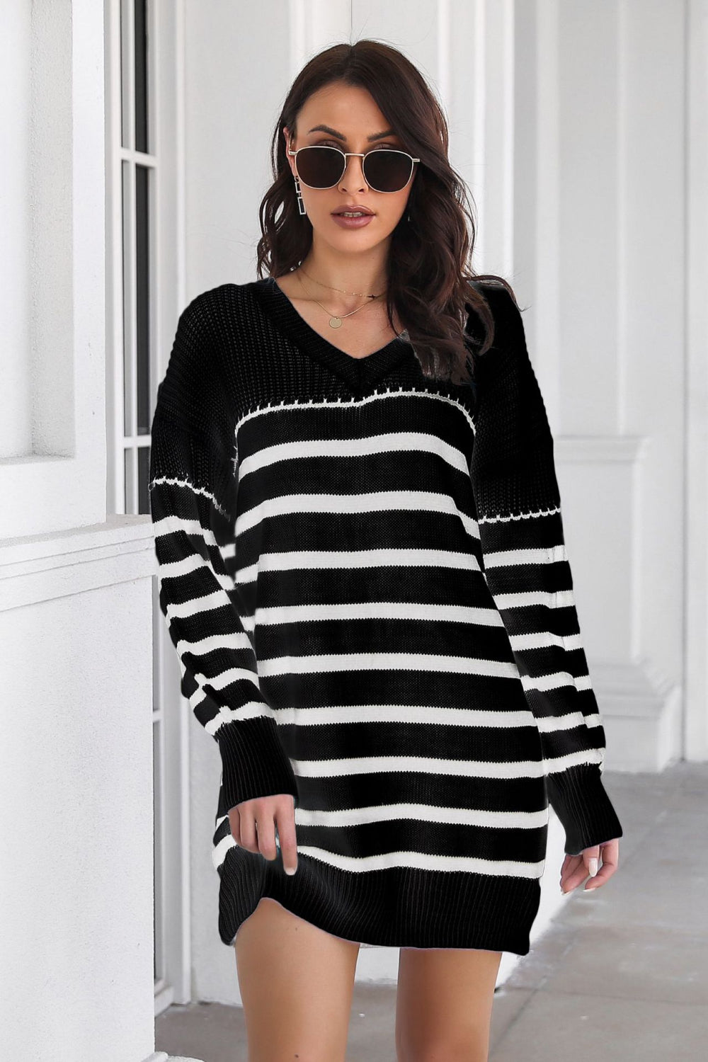 Striped V-Neck Drop Shulder Sweater Dress - The Boutie Shop
