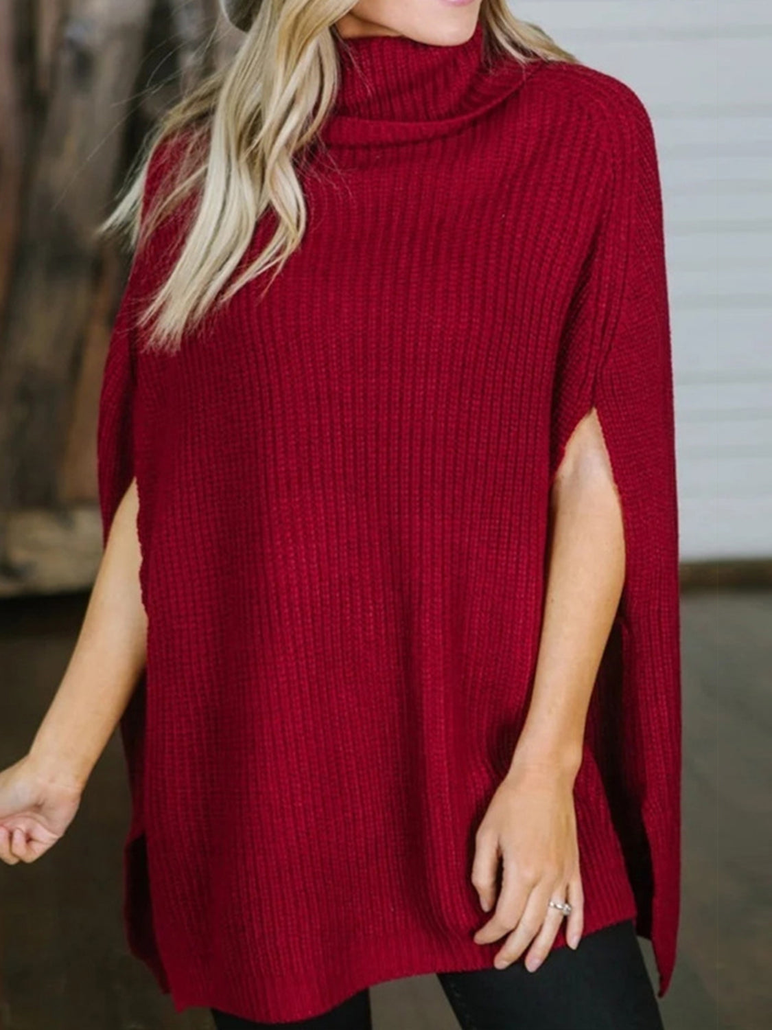 Turtleneck Slit Sweater - The Boutie Shop