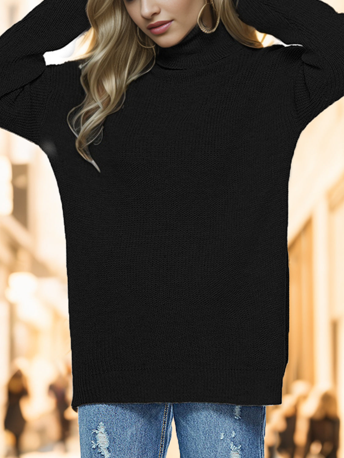 Turtleneck Drop Shoulder Long Sleeve Sweater - The Boutie Shop