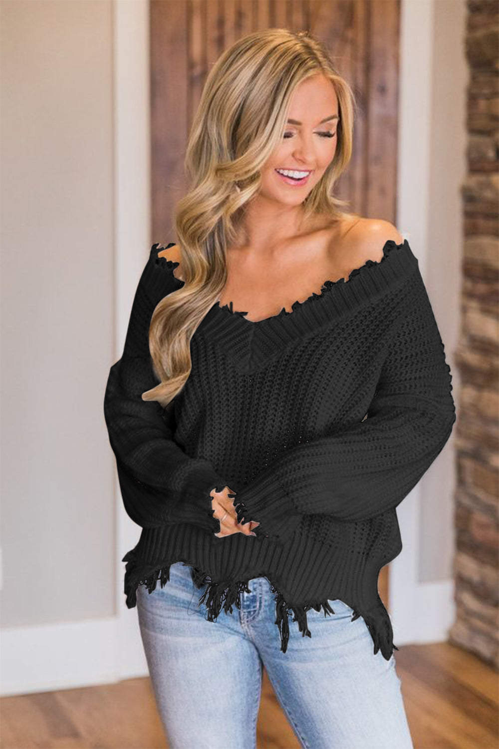 Frayed Hem Dropped Shoulder Sweater - The Boutie Shop