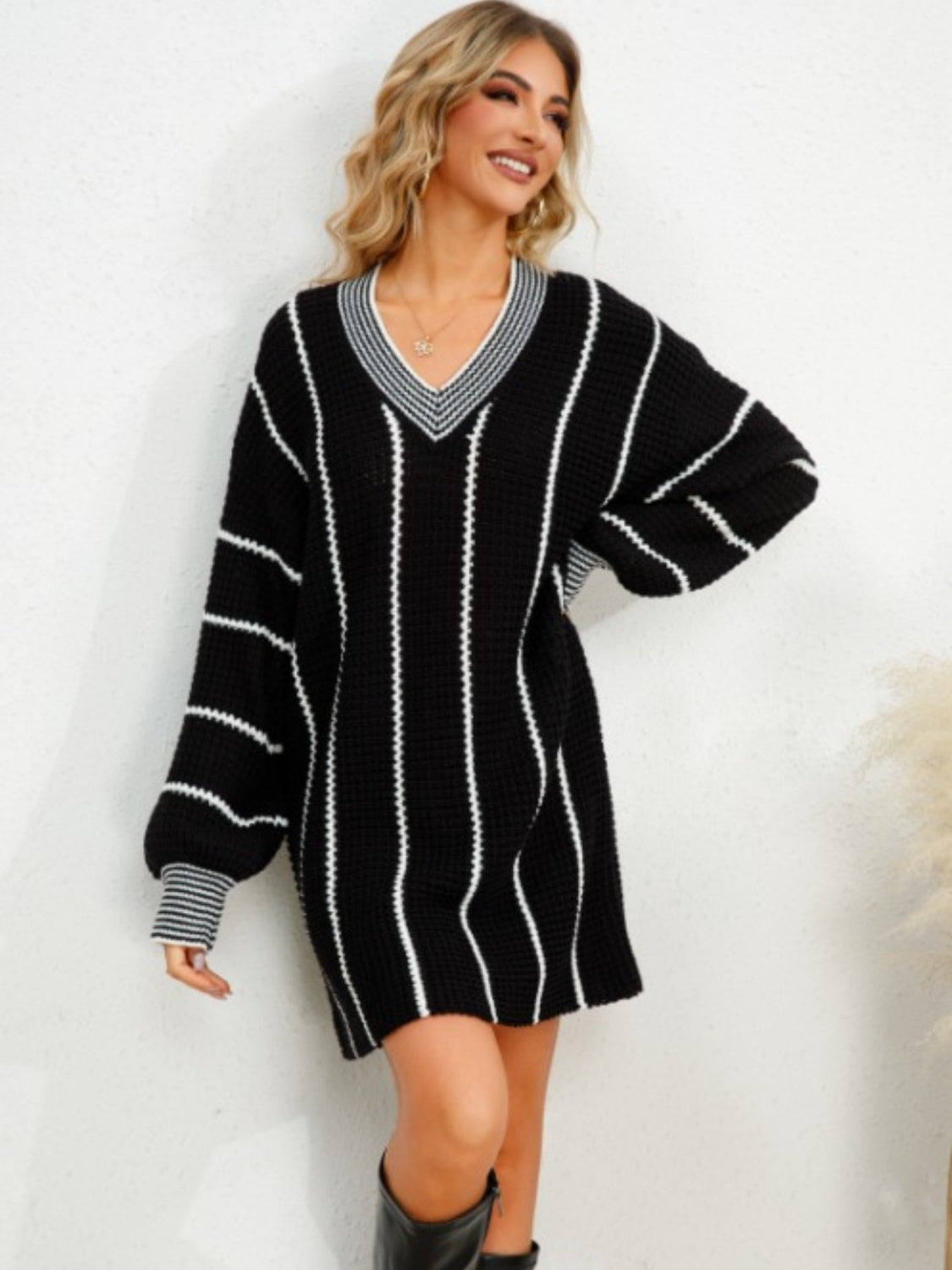 Striped V-Neck Long Sleeve Mini Dress - The Boutie Shop