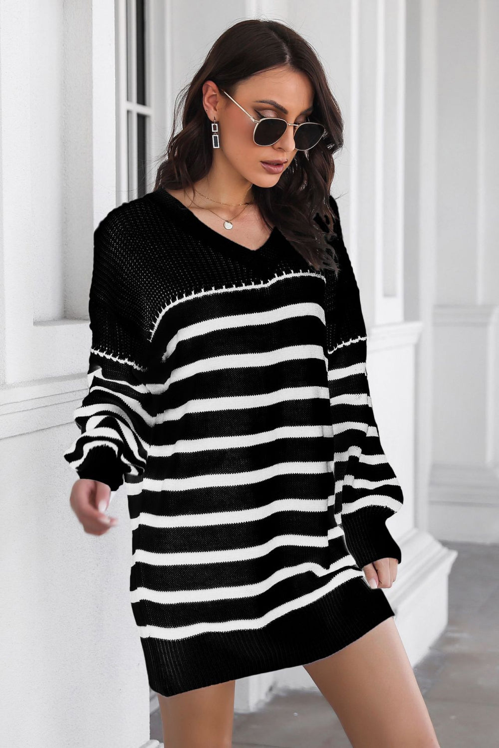 Striped V-Neck Drop Shulder Sweater Dress - The Boutie Shop