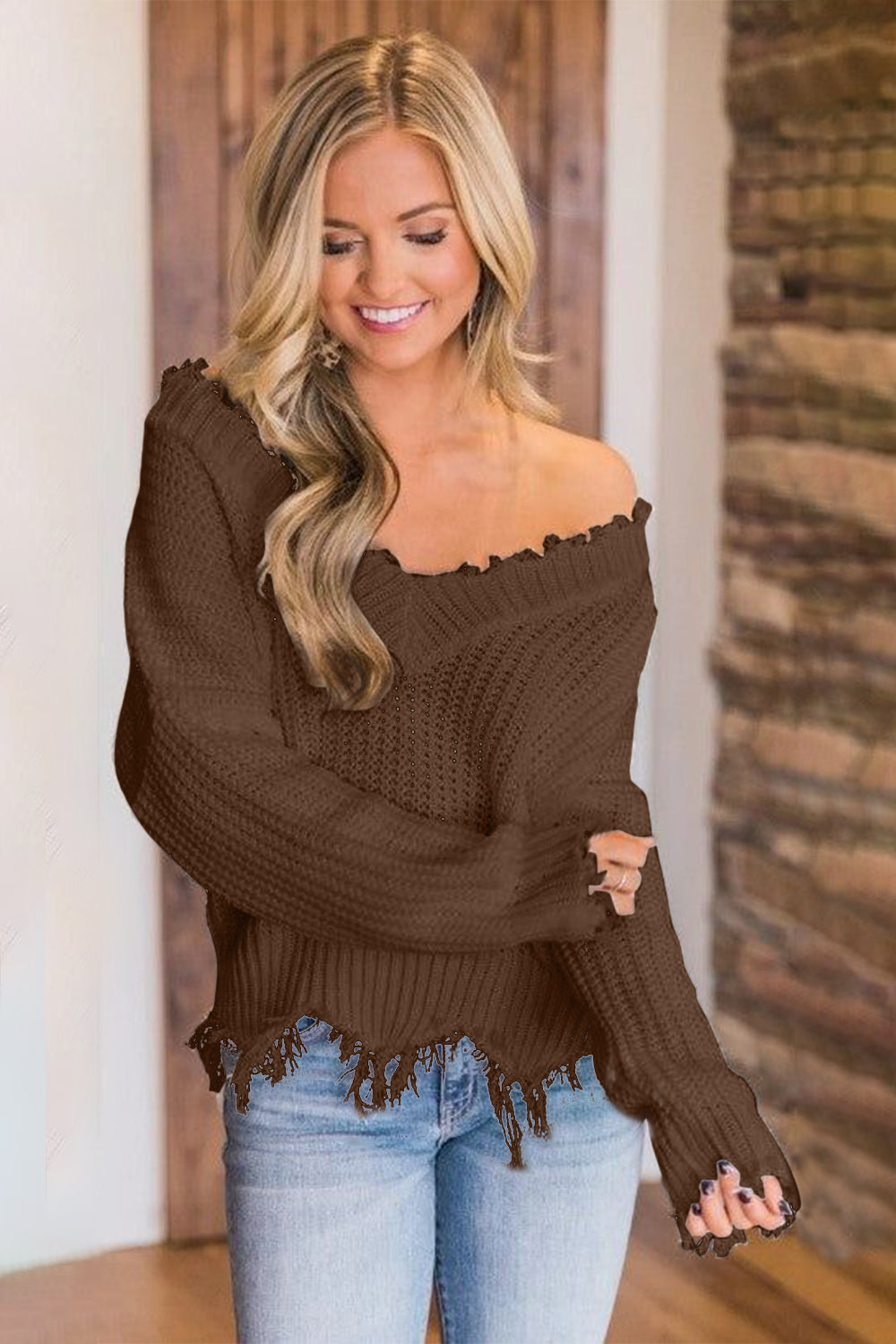 Frayed Hem Dropped Shoulder Sweater - The Boutie Shop