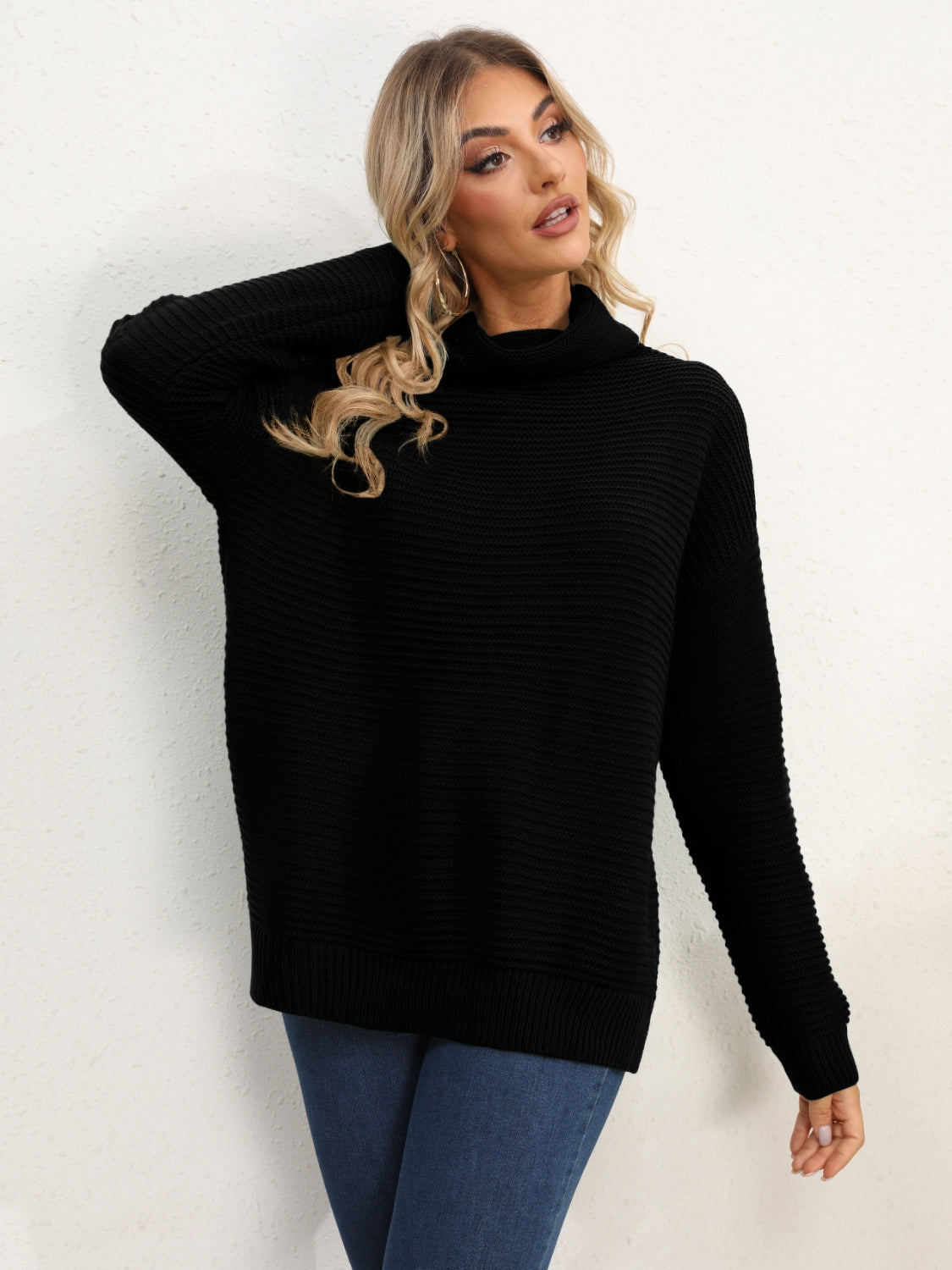 Slit Turtleneck Dropped Shoulder Sweater - The Boutie Shop