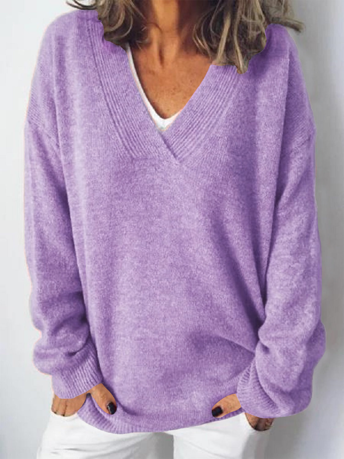 V-Neck Dropped Shoulder Sweater - The Boutie Shop