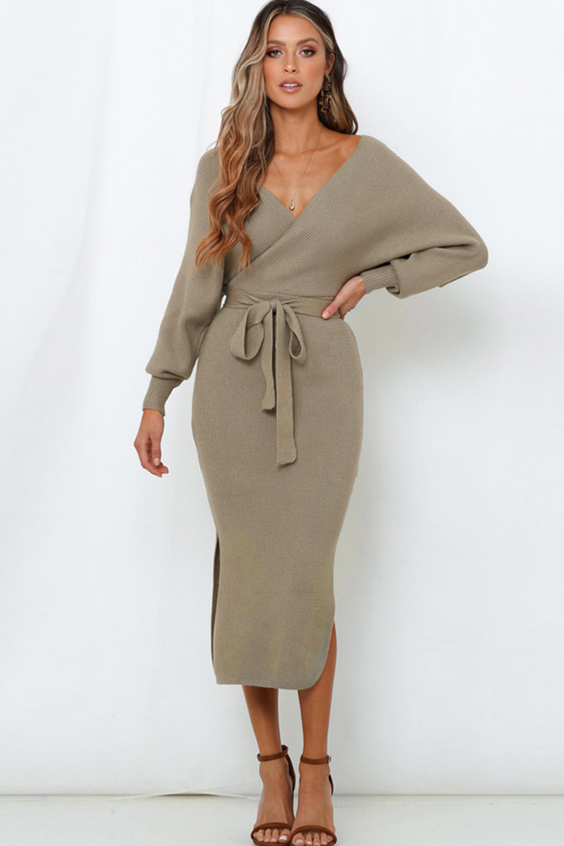 Surplice Neck Bow Waist Slit Sweater Dress - The Boutie Shop
