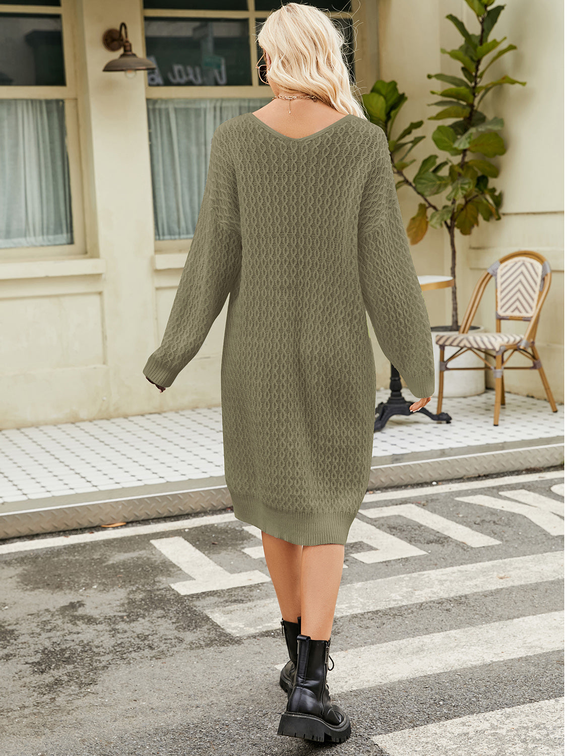 V-Neck Long Sleeve Sweater Dress - The Boutie Shop