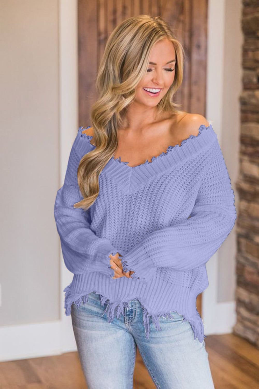 Frayed Hem Dropped Shoulder Sweater - The Boutie Shop