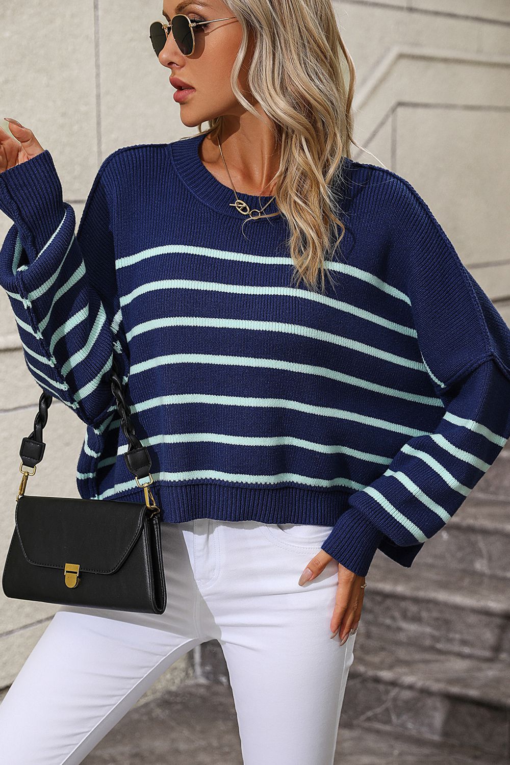Striped Dropped Shoulder Round Neck Pullover Sweater - The Boutie Shop