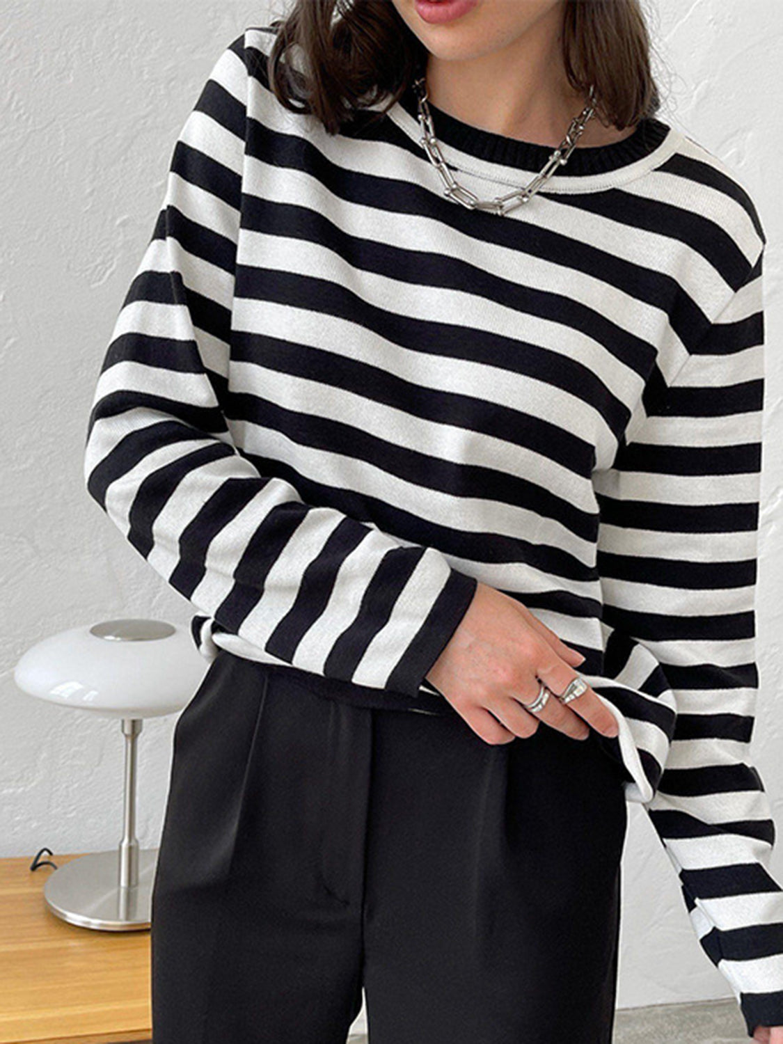 Striped Round Neck Long Sleeve Sweater - The Boutie Shop
