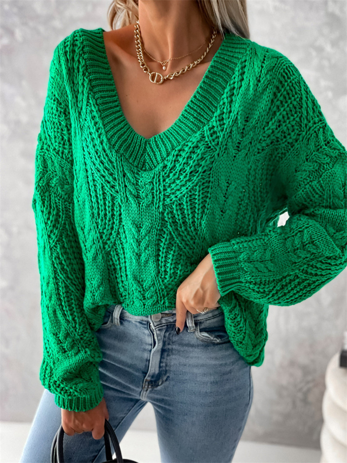 V-Neck Cable-Knit Long Sleeve Sweater - The Boutie Shop