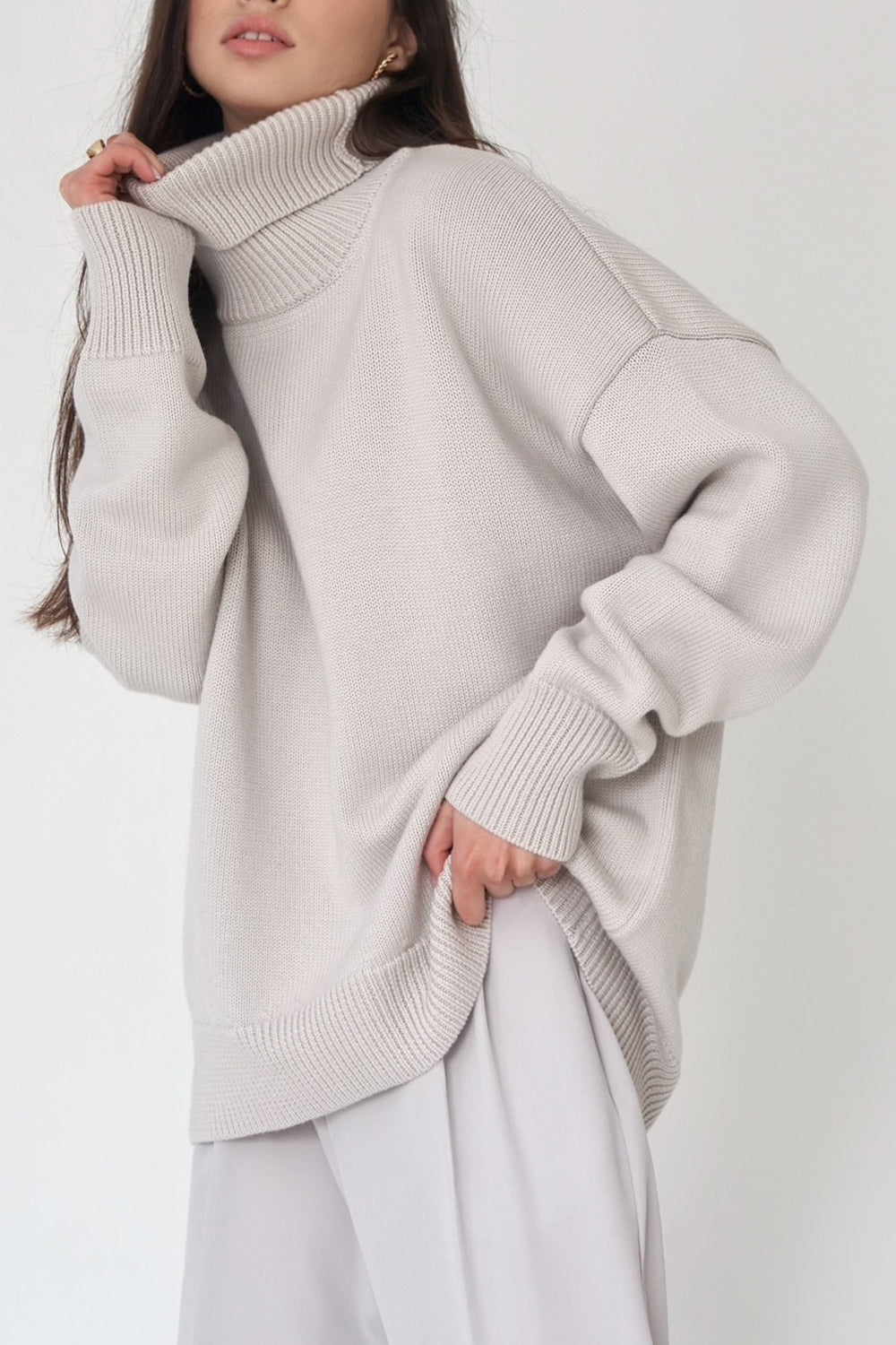 Turtle Neck Dropped Shoulder Sweater - The Boutie Shop